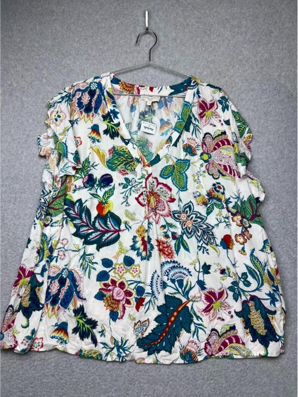 Cynthia Rowley paisley Blouse Womens 3X White Floral 100% Rayon Cottagecore Boho